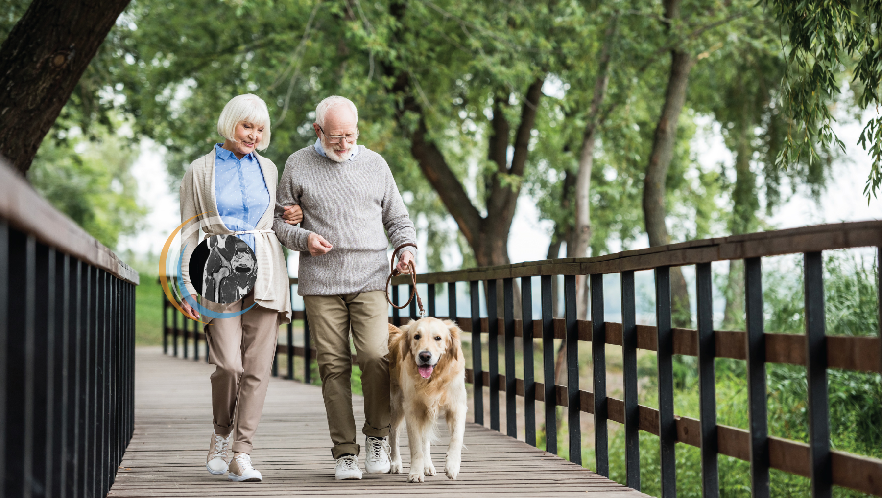 Couple walking dog at park